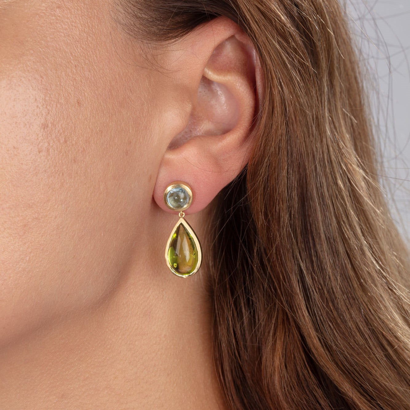 Aquamarine and Peridot Drop Earrings in 18ct Yellow Gold