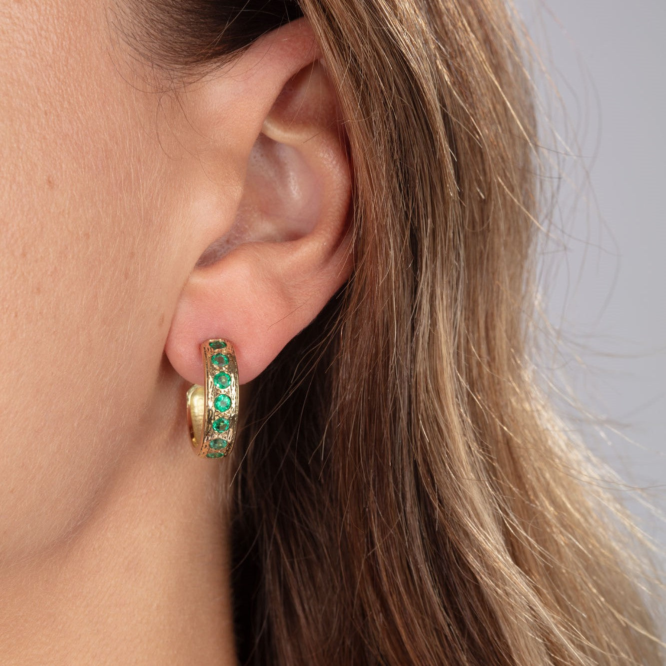 Engraved Gold Hoops with Emeralds