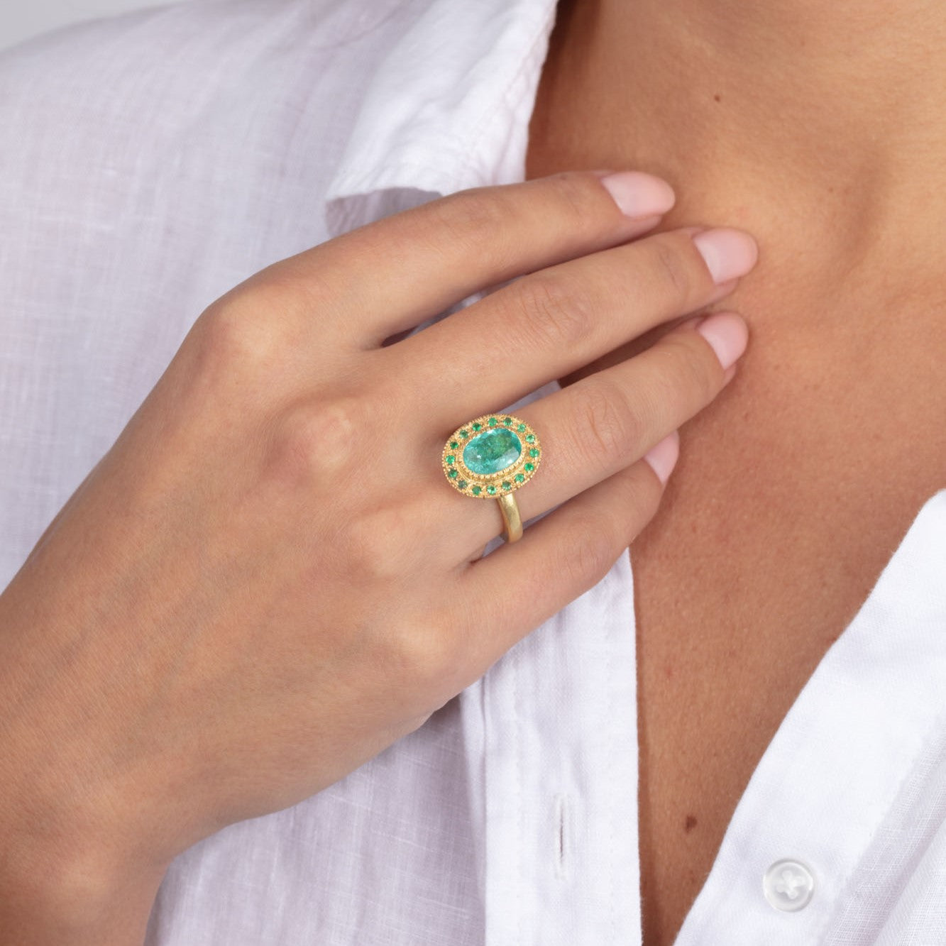 Paraiba Tourmaline and Emerald Cluster Ring