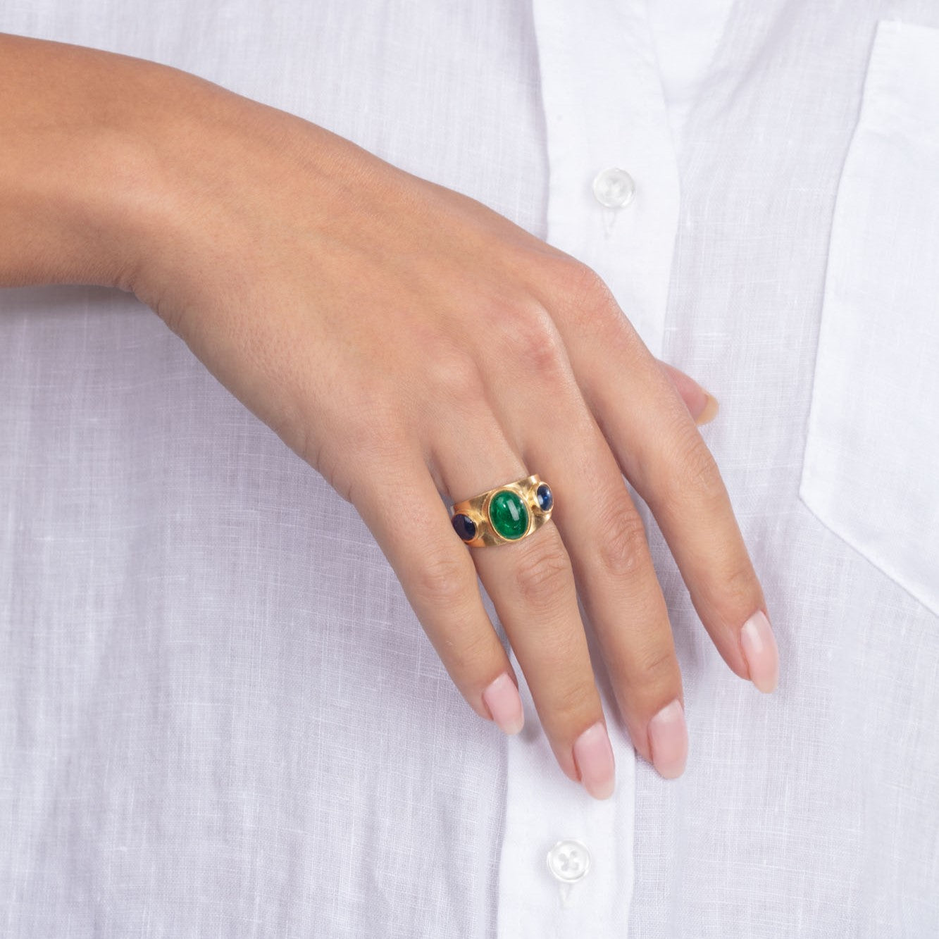Wide Emerald and Sapphire Ring