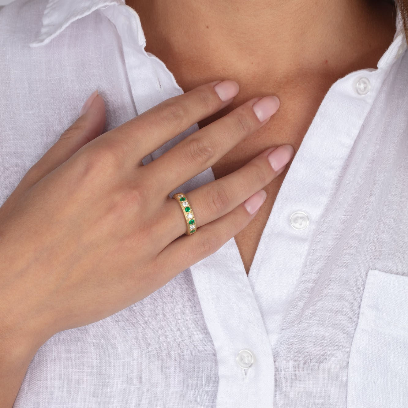 Emerald and Diamond Half Eternity Ring