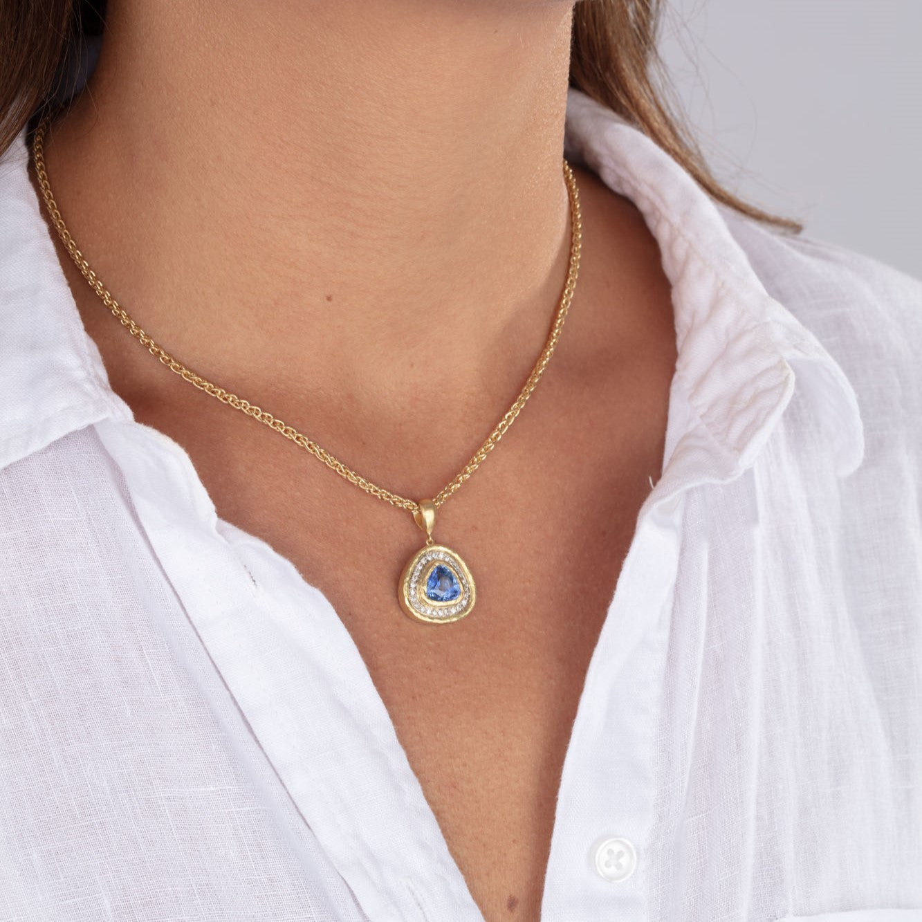 Sapphire Trillion & Diamond Halo Pendant