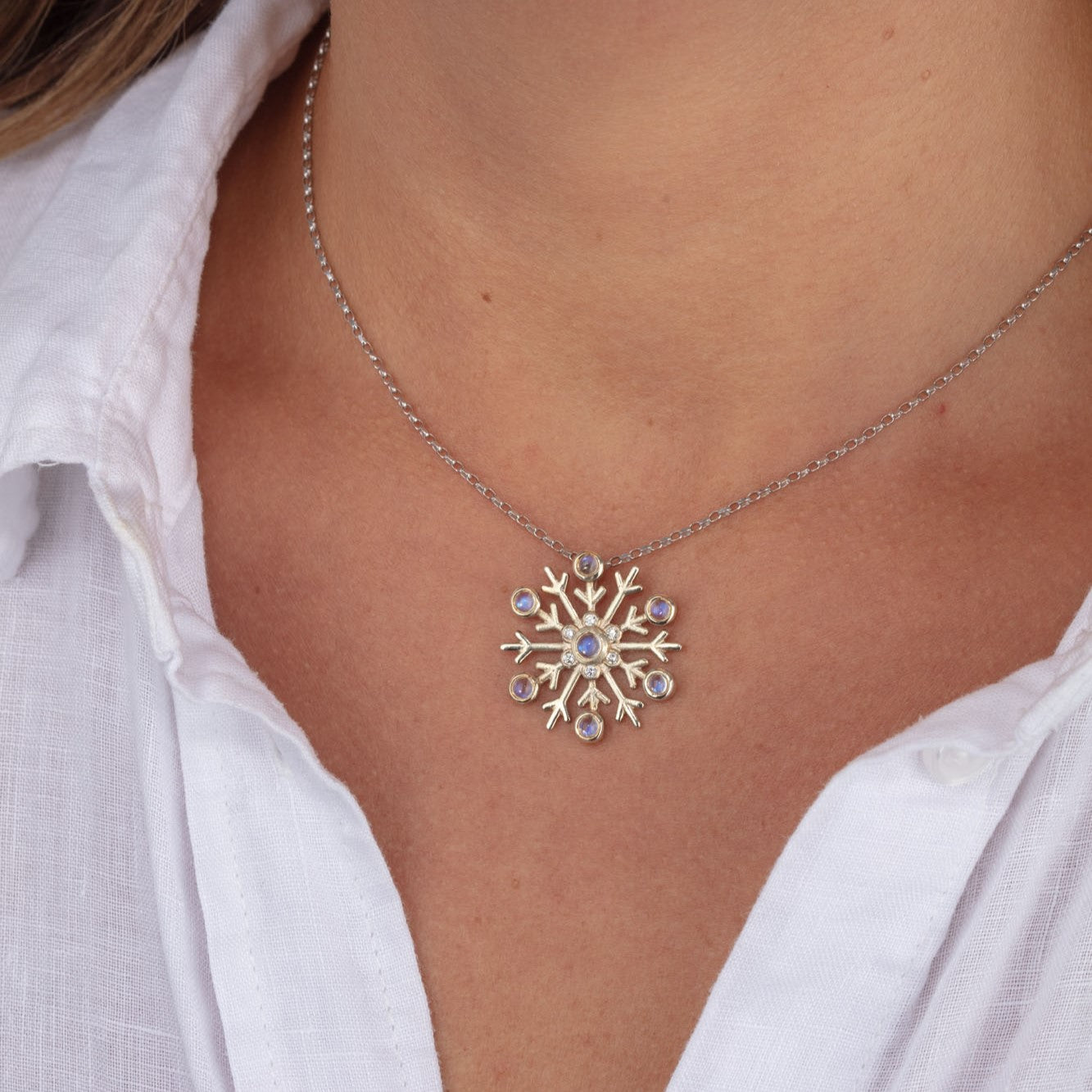 Moonstone & Diamond Snowflake in White Gold