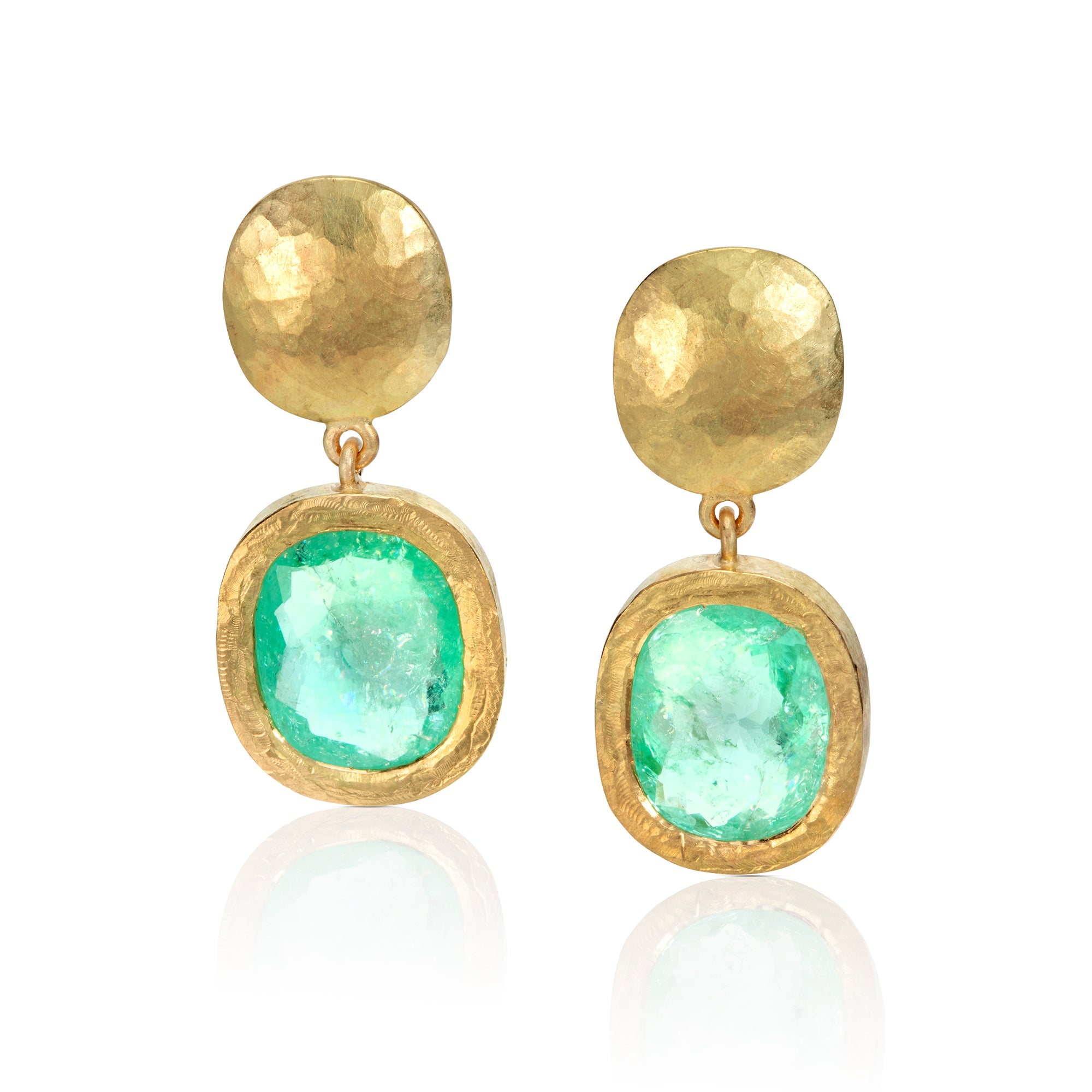 Paraiba Tourmaline Drop Earrings with Beaten Disk Tops