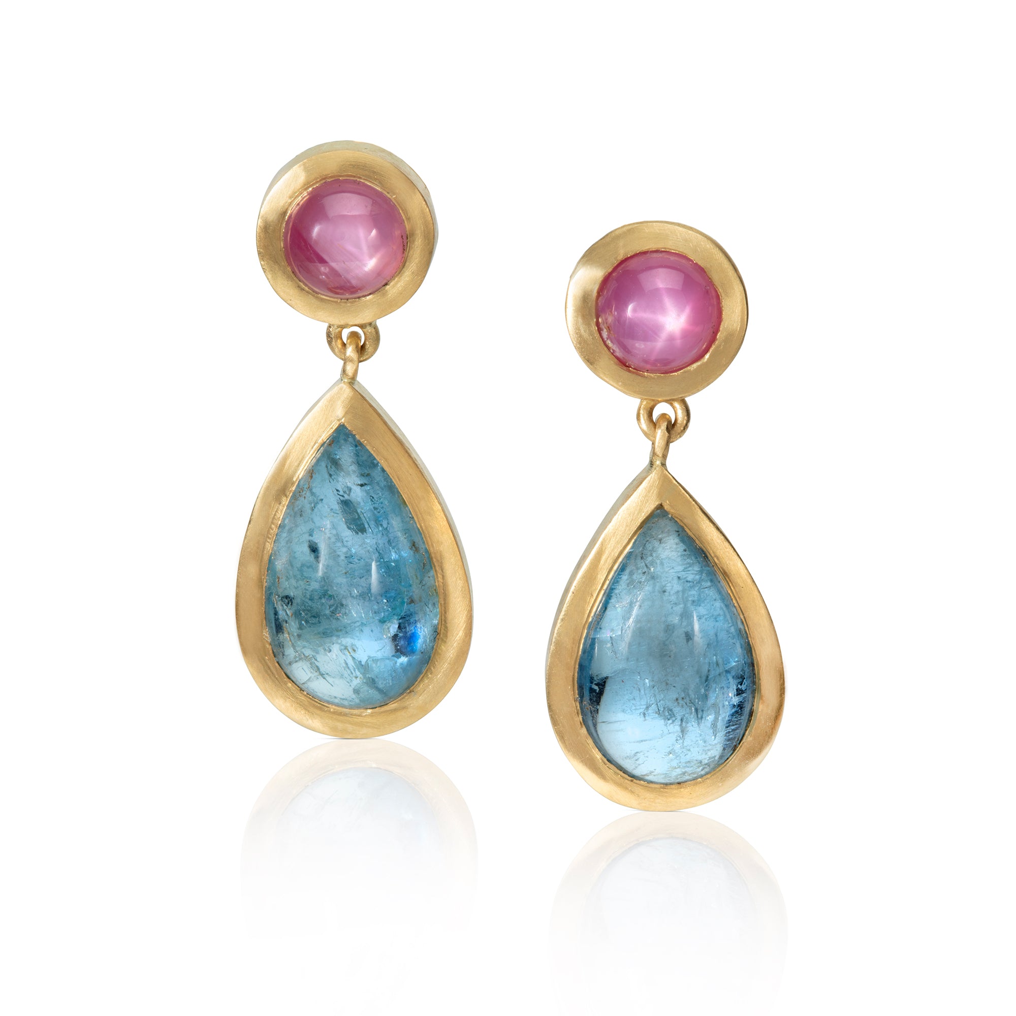 Star Ruby and Aquamarine Drop Earrings