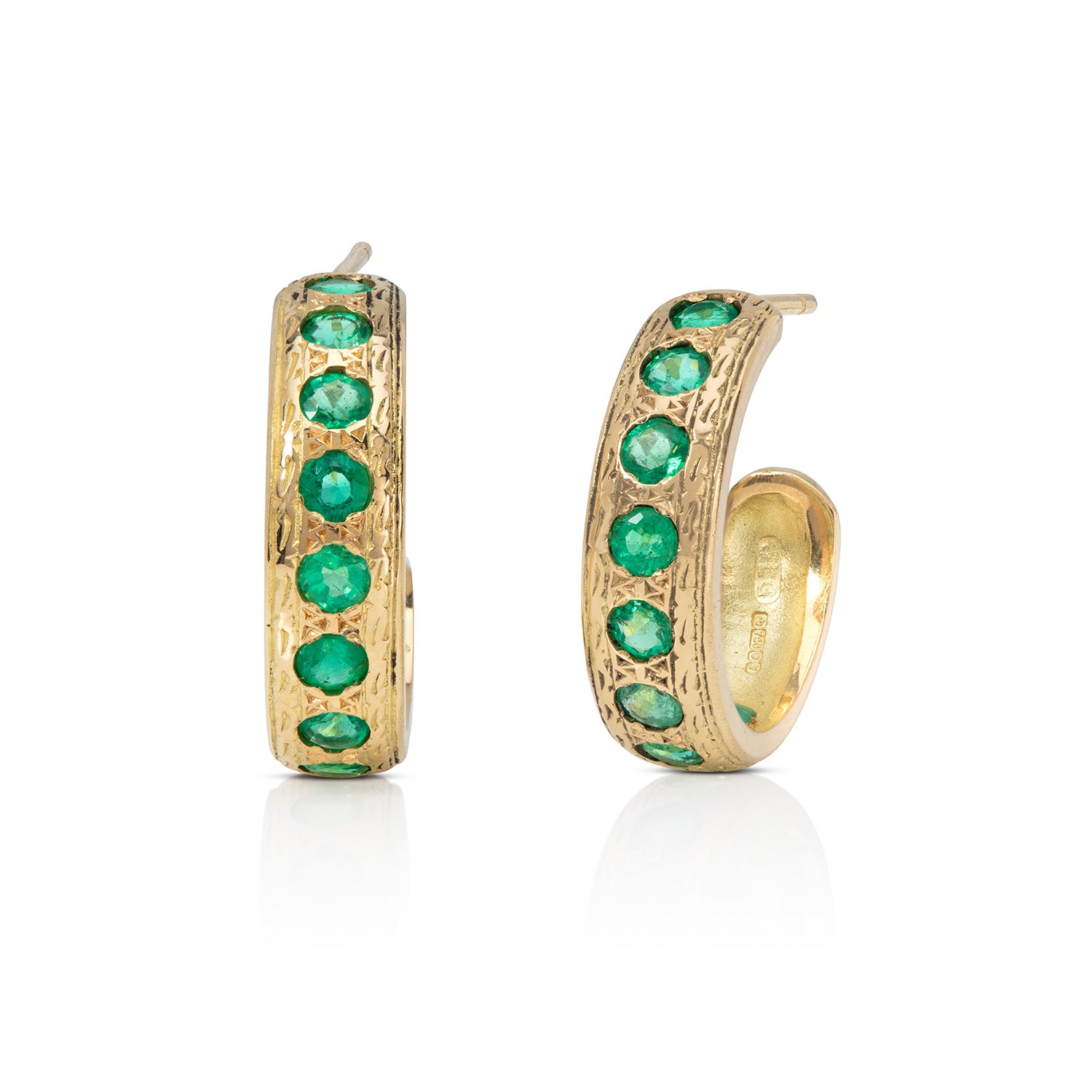 Engraved Gold Hoops with Emeralds