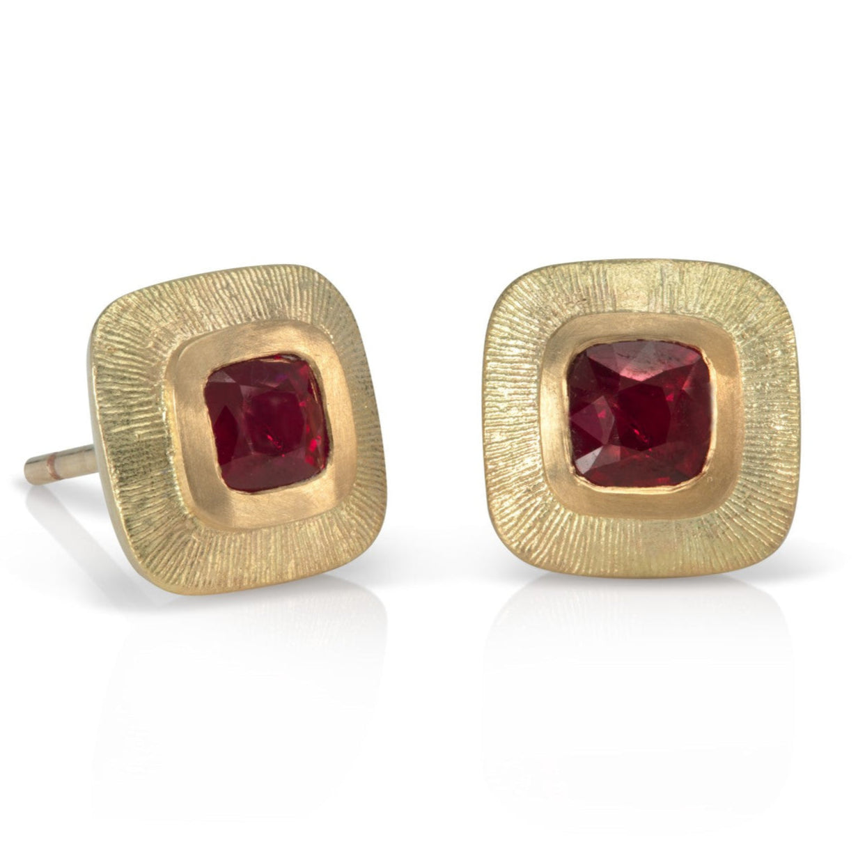 Engraved Edge Ruby Square Stud Earrings