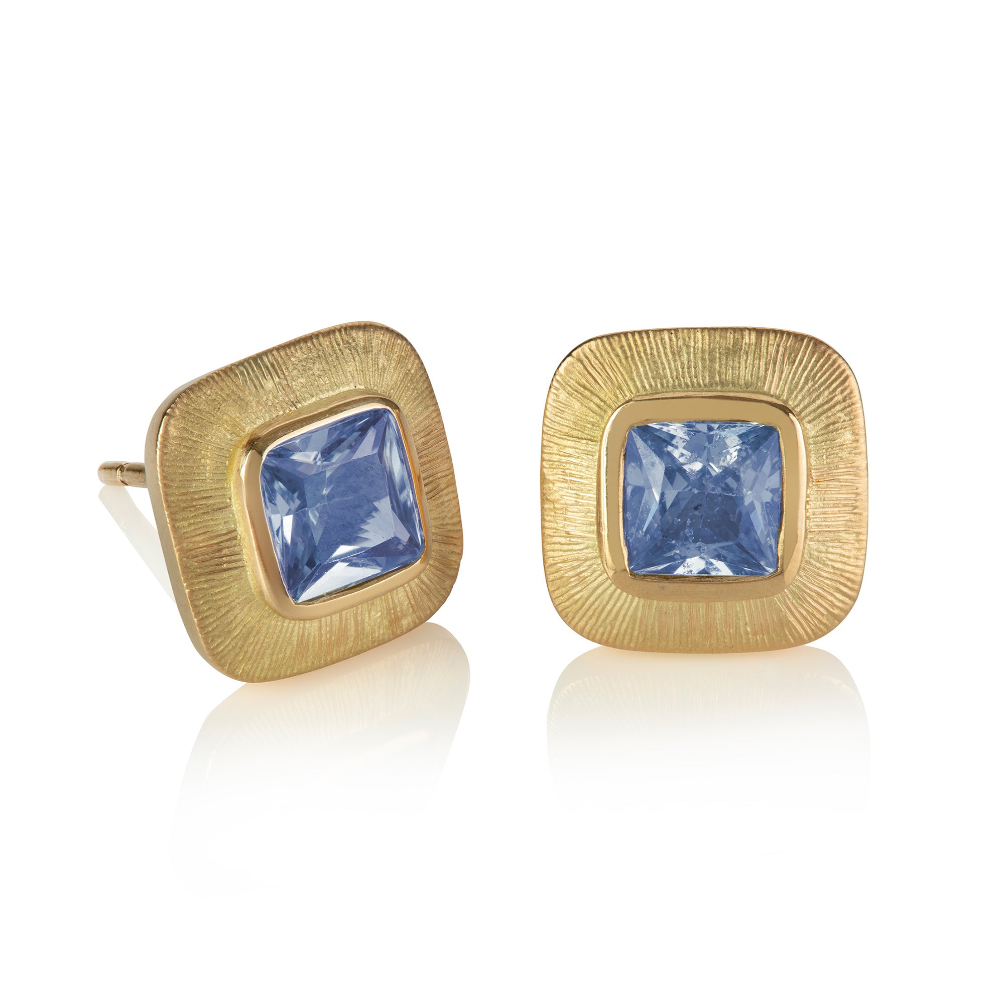 Engraved Edge Square Stud Earrings with Blue Sapphires