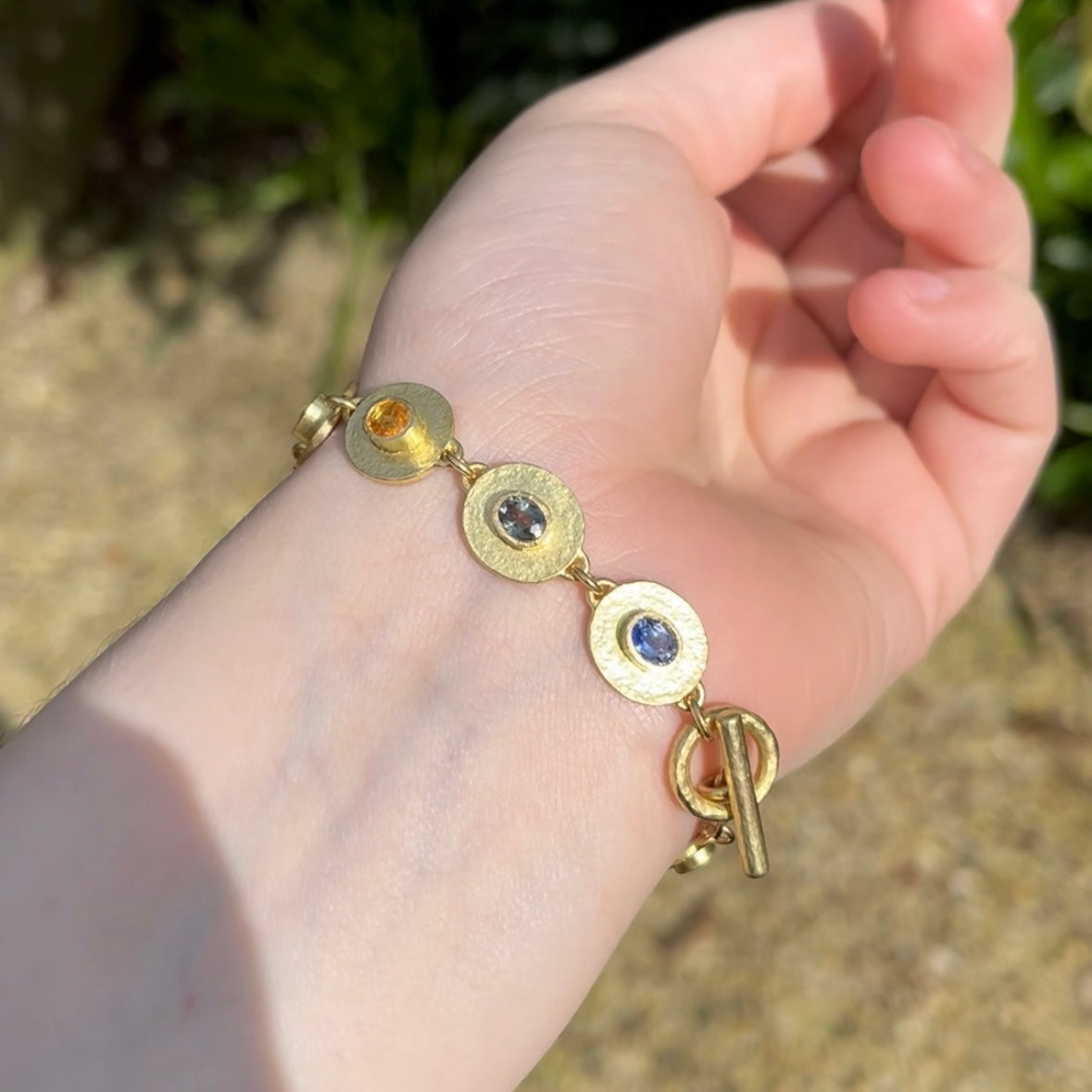 Multicoloured Sapphire Beaten Disc Bracelet