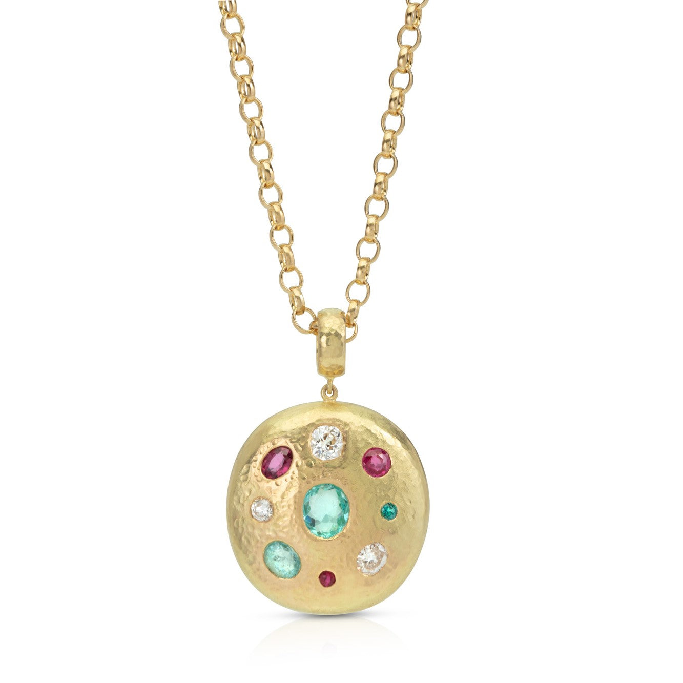 Paraiba Tourmaline, Diamond and Ruby Beaten Pendant