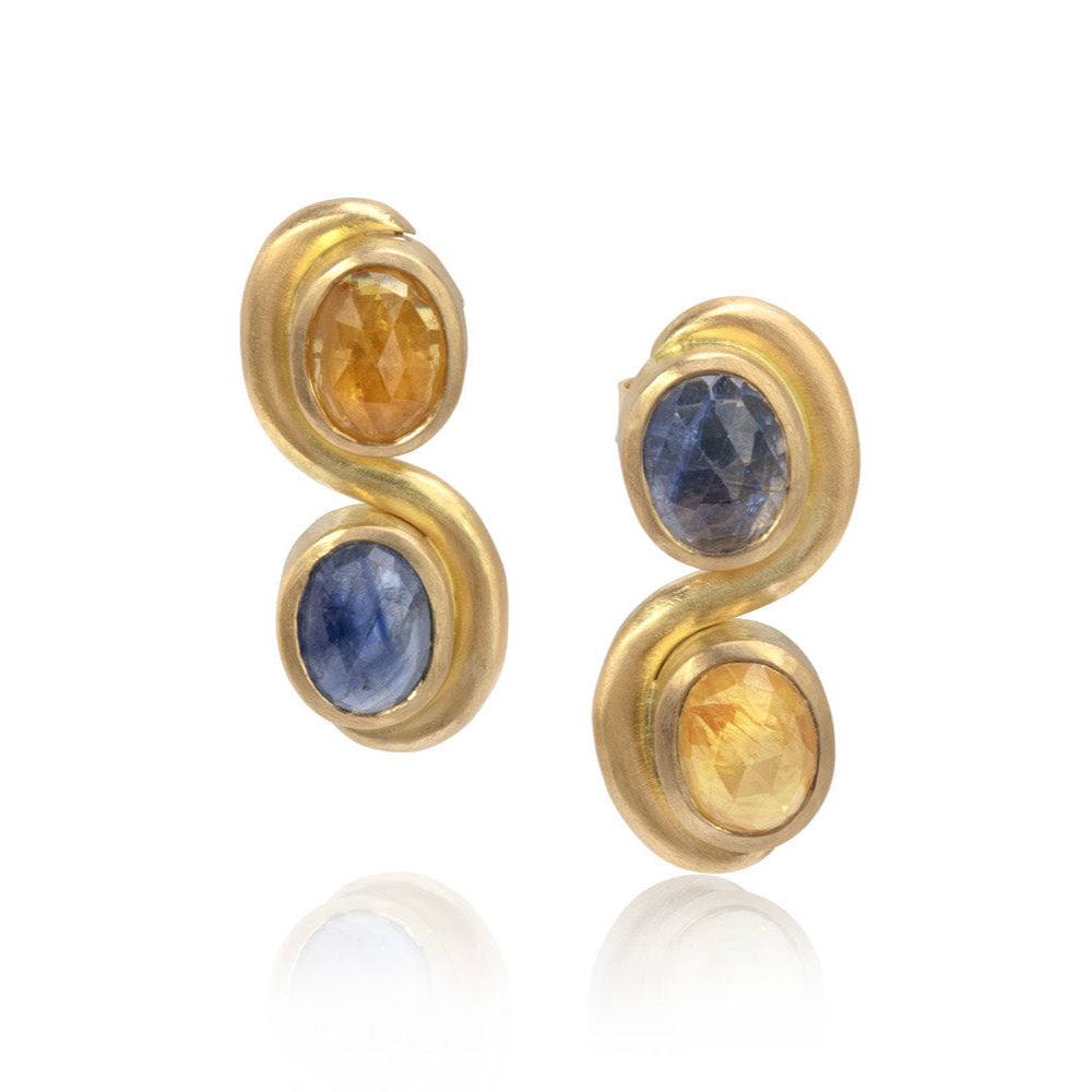 Blue and Yellow Sapphire Swirl Earrings