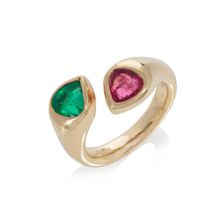 Pink Tourmaline and Emerald Snake Cross Over Ring