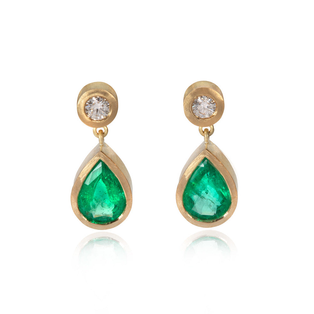 Diamond and Pear Shaped Emerald Drop Earrings