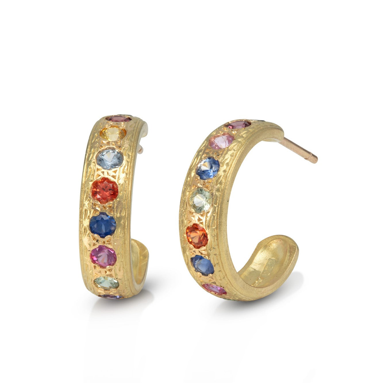 Engraved Gold Hoops with Multi-Coloured Sapphires