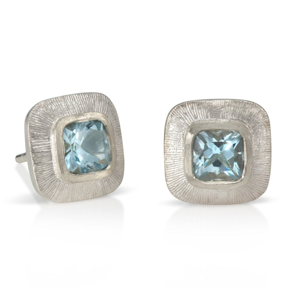 Engraved Edge Aquamarine Square Stud Earrings in White Gold