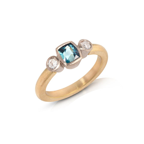 Blue topaz and Pink Tourmaline Three Stone Ring in Yellow Gold
