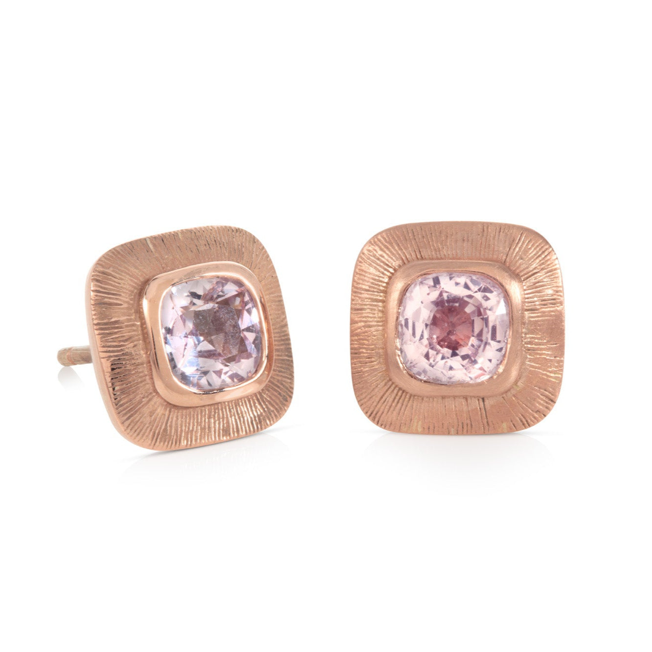 Engraved Edge Square Studs with Pink Sapphires