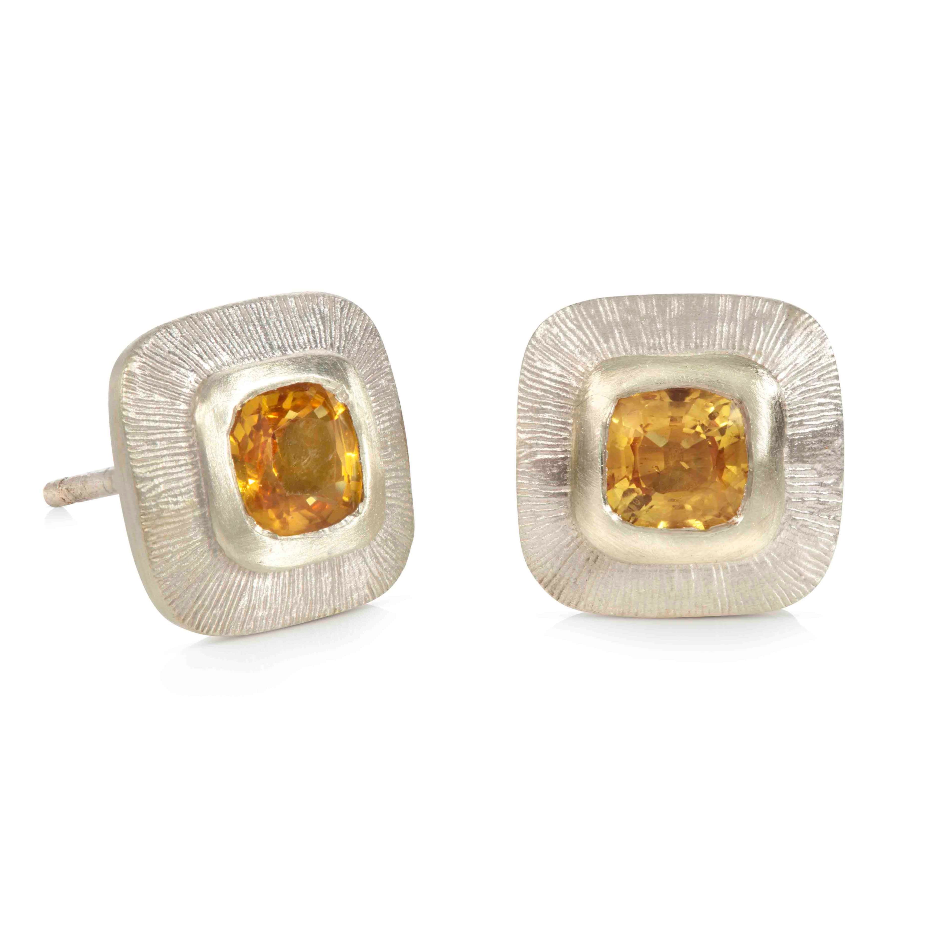 Engraved Edge Square Studs with Yellow Sapphires