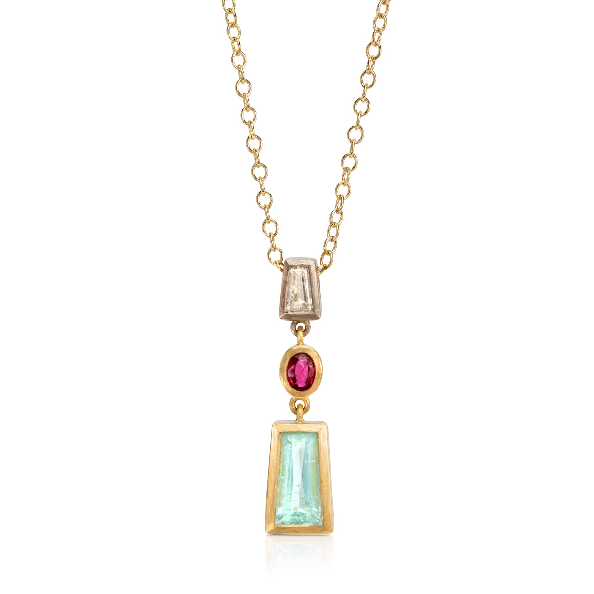 Three-Tiered Drop Pendant with Diamond, Paraiba Tourmaline and Ruby