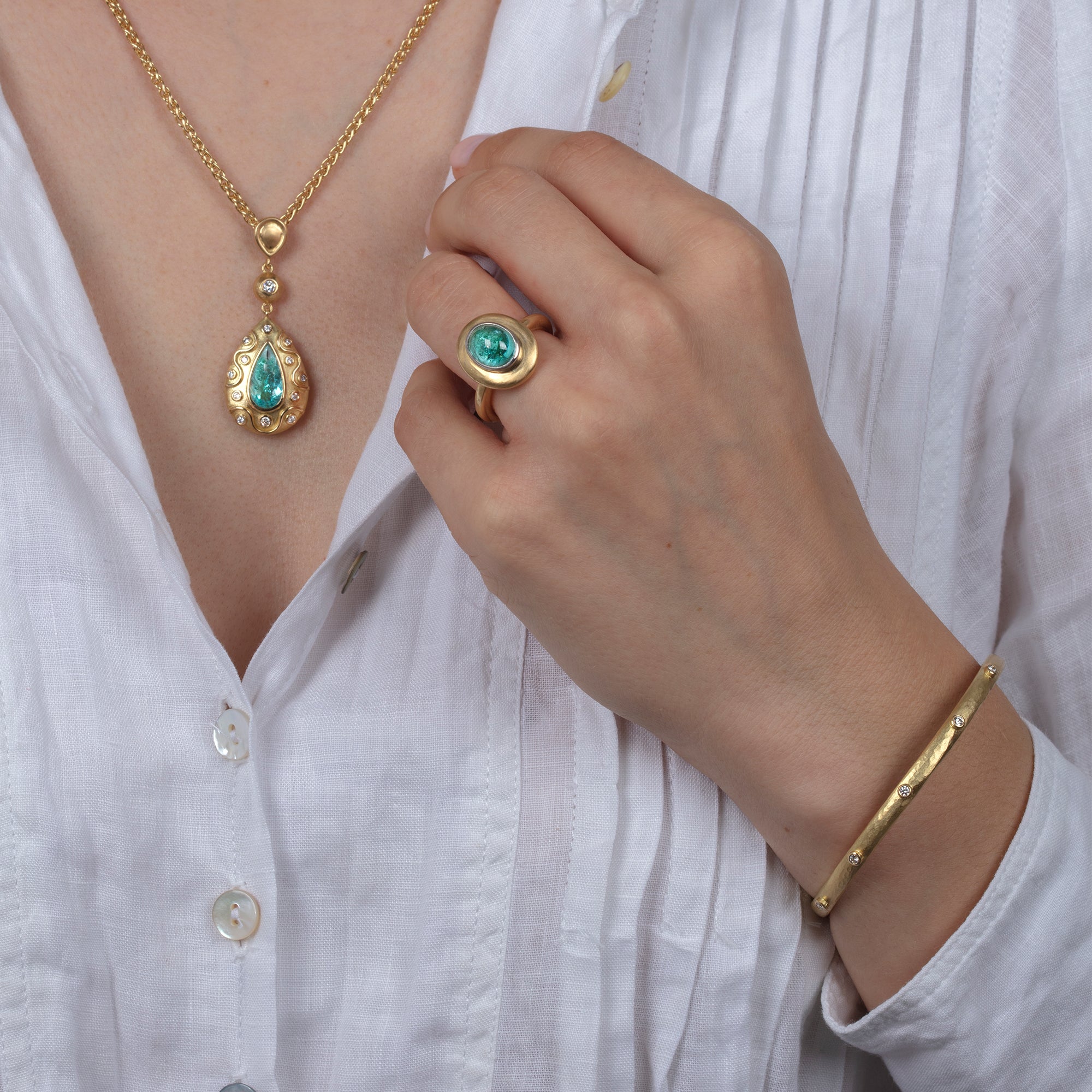 Small Beaten Gold and Diamond Bangle