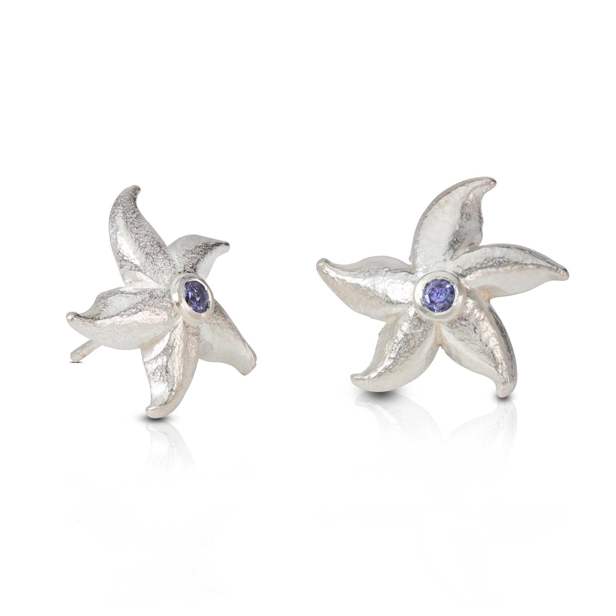 Silver Starfish Earrings with Tanzanite