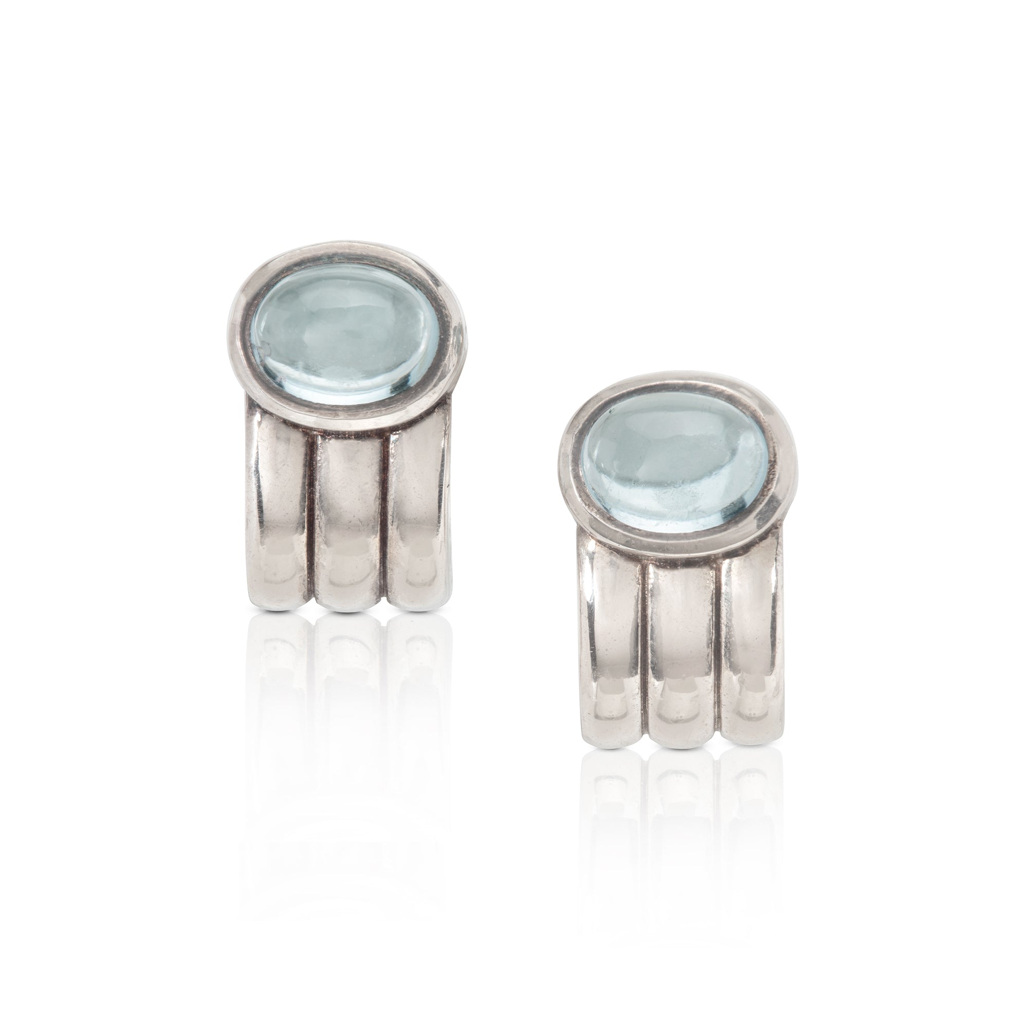 Ridged Silver Half Hoop Earrings with Aquamarine