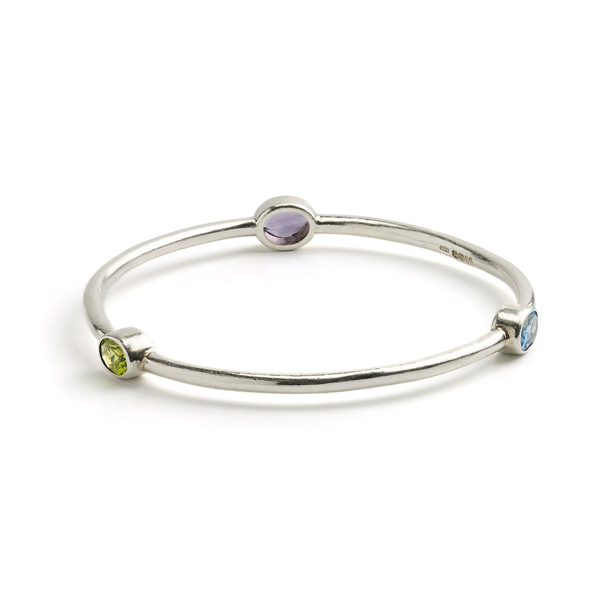 Silver Bangle Set With Blue Topaz, Amethyst and Peridot