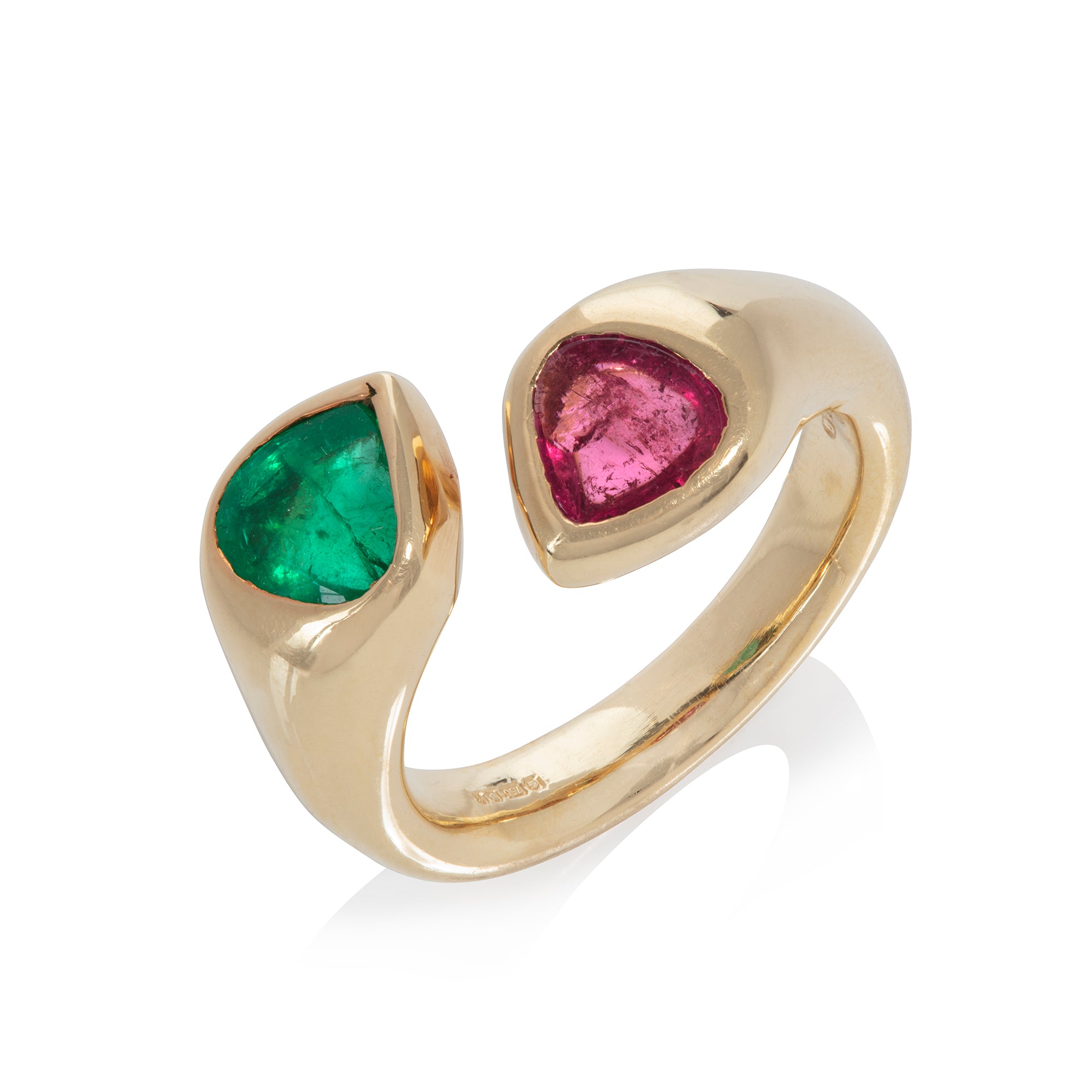 Pink Tourmaline and Emerald Snake Crossover Ring