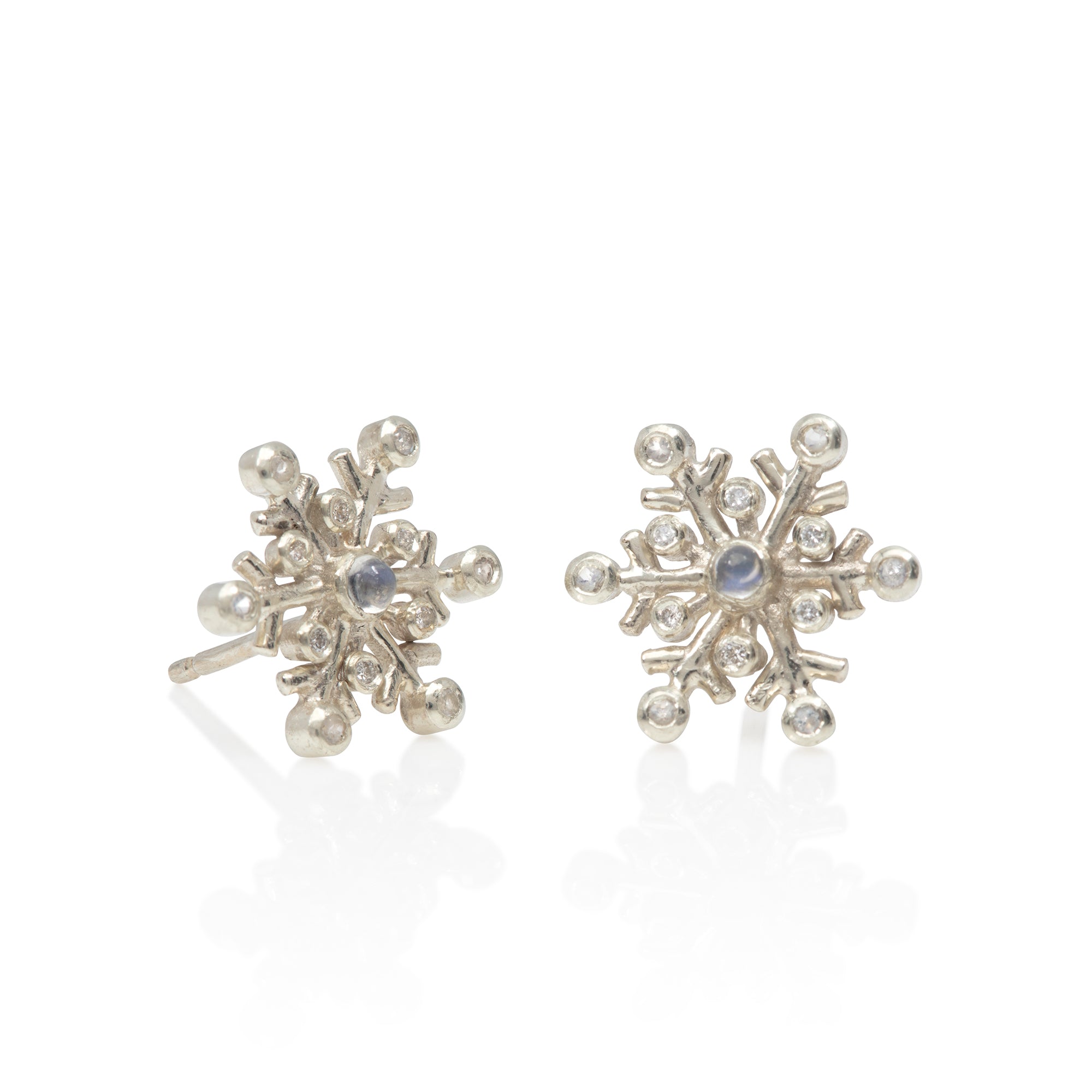 Diamond and Moonstone Snowflake Stud Earrings