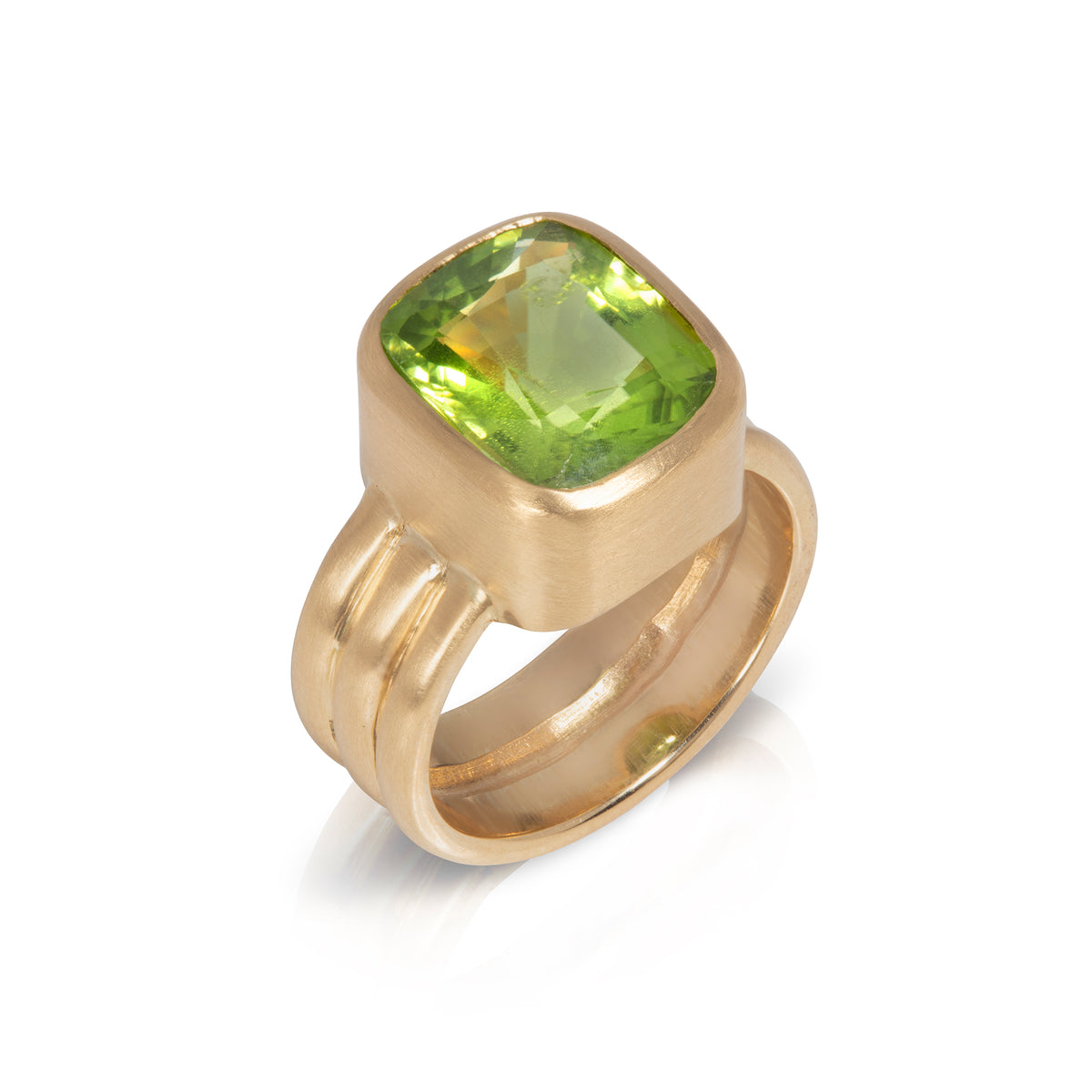 Large Cushion-Cut Peridot Ring with Ridged Shank