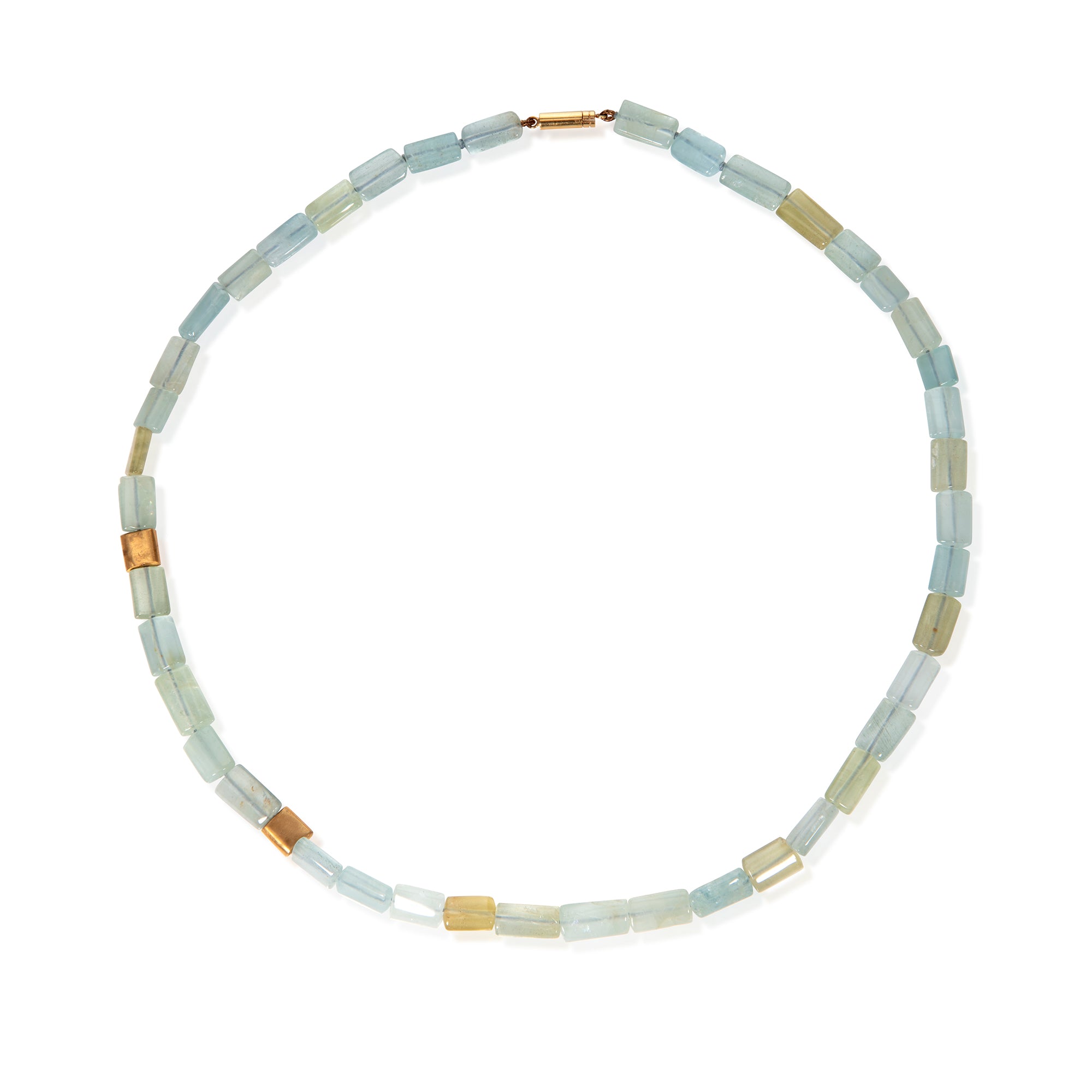 Gold and Aquamarine Rectangular Bead Necklace