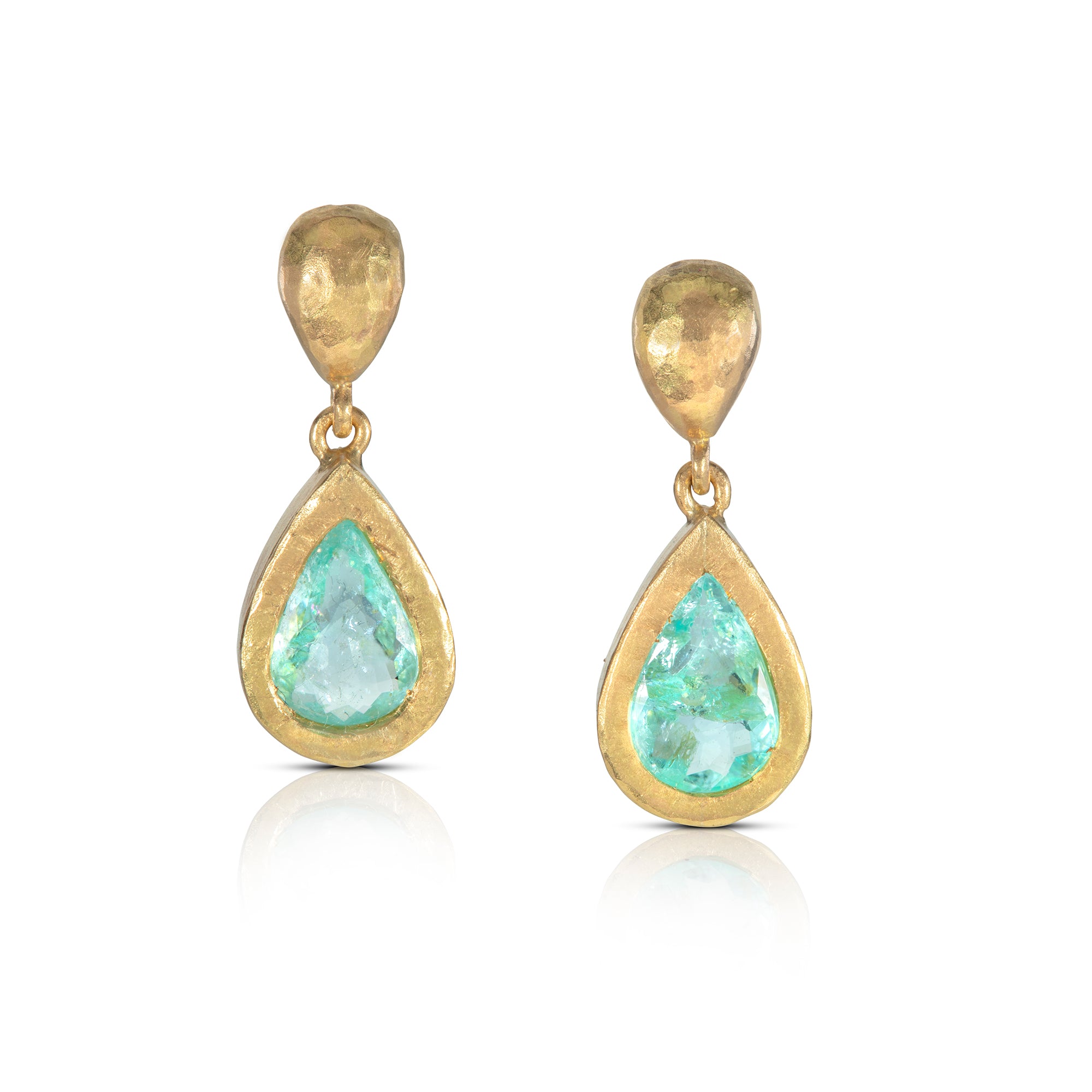 Pear Shaped Paraiba Tourmaline Earrings with Oval Beaten Tops