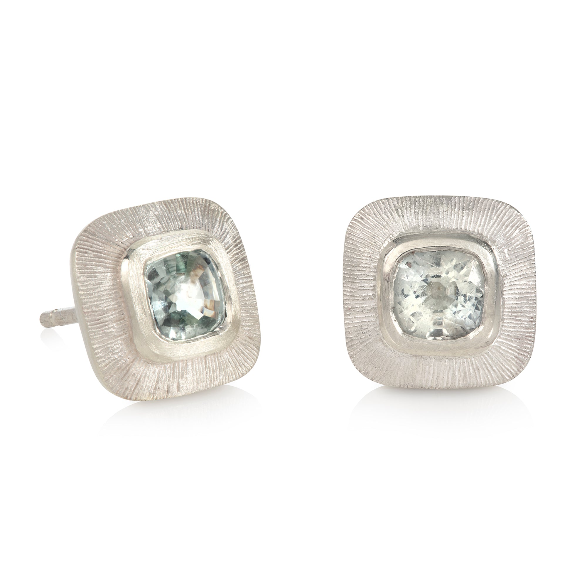 Engraved Edge Ice Blue Sapphire Square Stud Earrings in White Gold