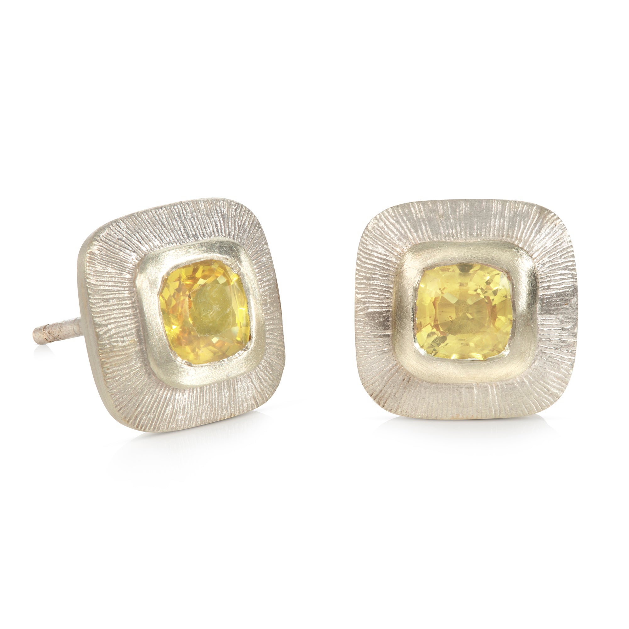 9ct White Gold Engraved Edge Square Stud Earrings with Yellow Sapphires