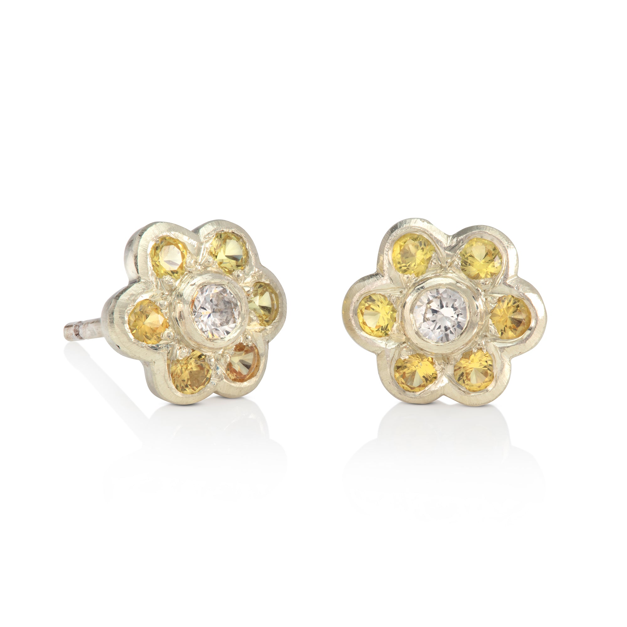 Yellow Sapphire and Diamond Daisy Studs in White Gold