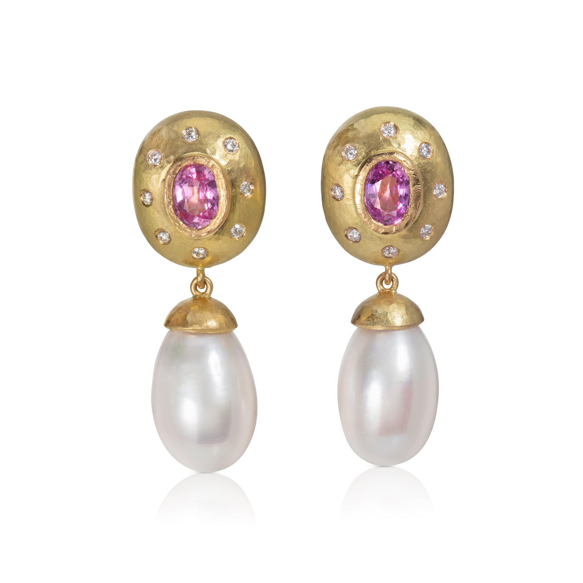 Pink Sapphire and Diamond Earrings with Freshwater Pearl Drops