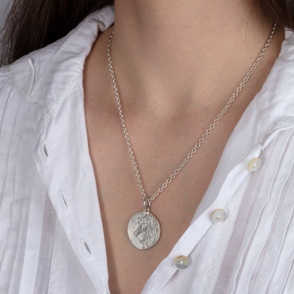 silver disk necklace on model