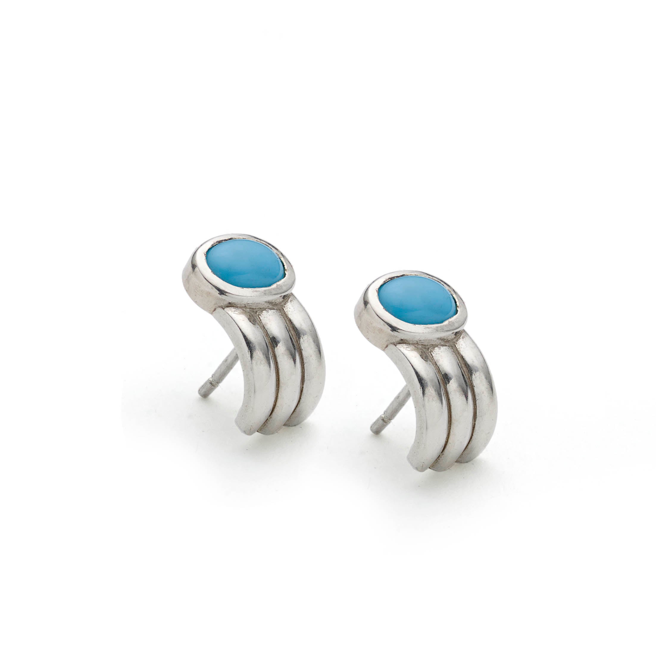 Ridged Silver Half Hoop Earrings with Turquoise
