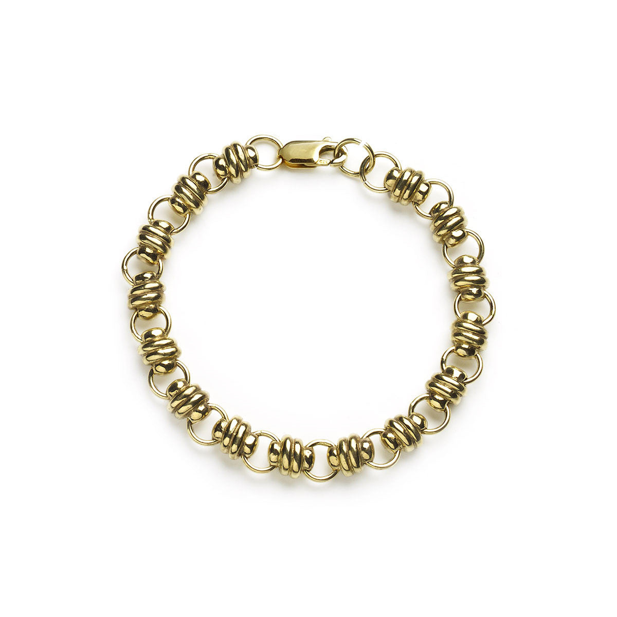 Yellow gold bracelet with chunky links on white background