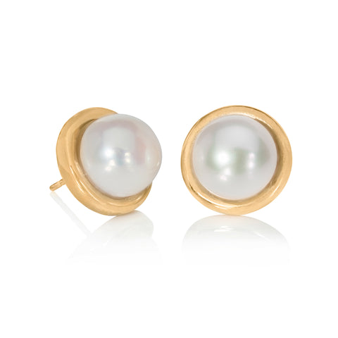 Large 9ct Gold Button Pearl Stud Earrings