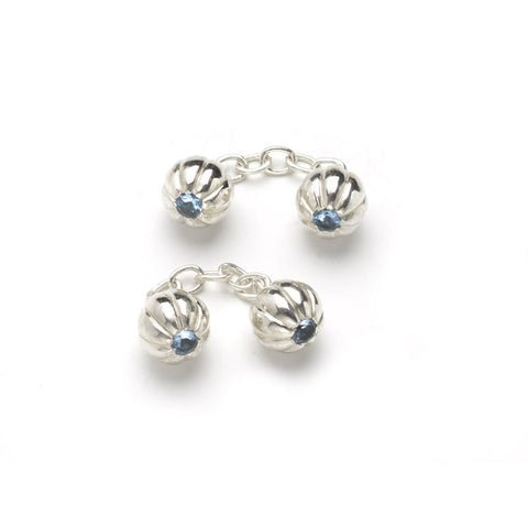 Silver fluted ball cufflinks set with blue topaz, chain link fitting