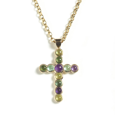 Large yellow gold cross, set with multicoloured cabochon gems, hung on yellow gold chain