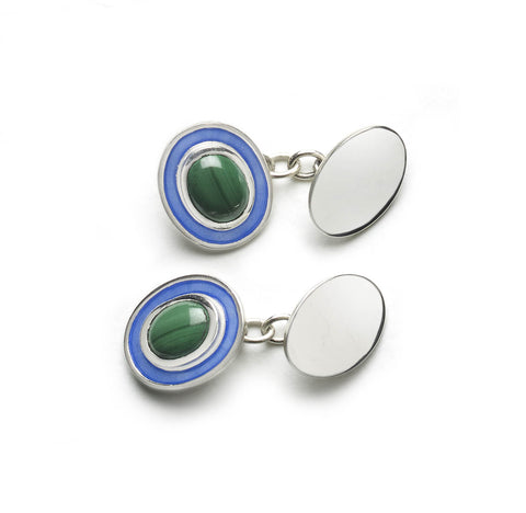 Sterling silver cufflinks with chain link fitting set with malachite, with blue enamel border