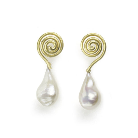 Yellow gold swirl earrings with freshwater Baroque pearl drops
