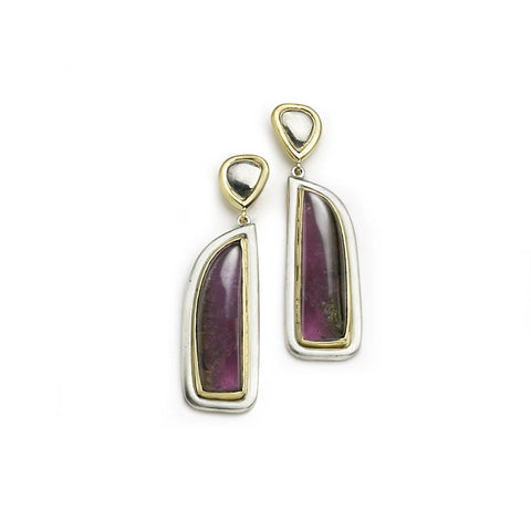 Drop earrings with long bi-coloured pink tourmalines that graduate from deep purple to pink 
