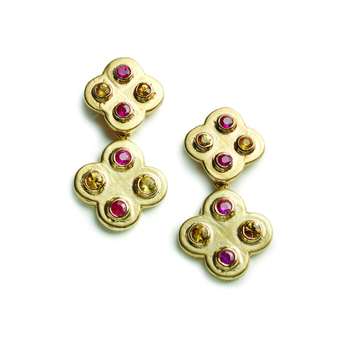 9ct yellow gold four leaf clover set with rubies and yellow sapphires, detachable drops