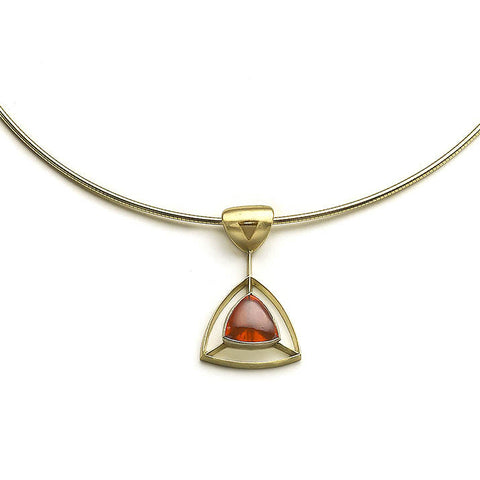 Yellow gold pendant with fire opal cabochon on flexible gold torque
