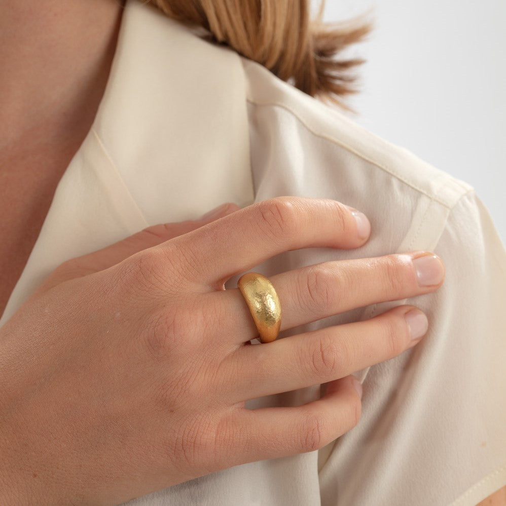 Hammered Texture 18ct Yellow Gold Bombe Ring