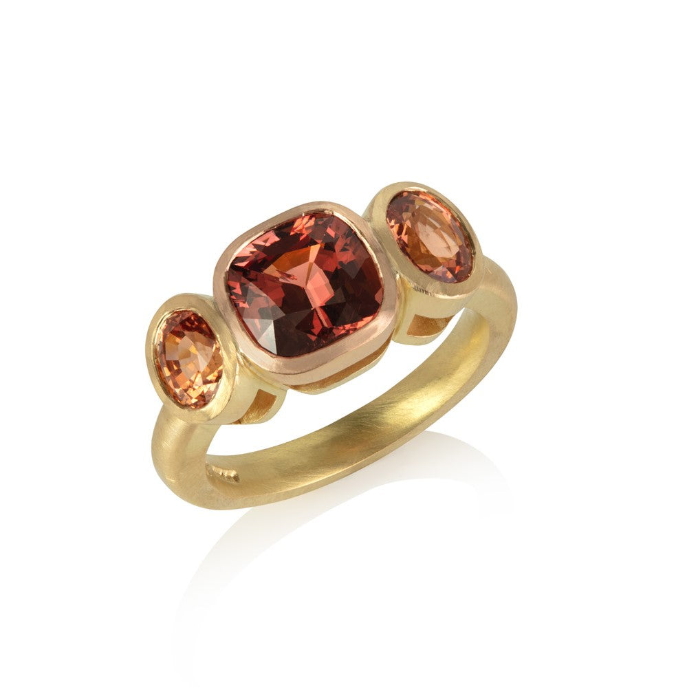 Malayan Garnet and Chrysoberyl Three Stone Ring