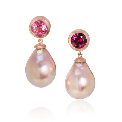 Red Gold Button Pearl Earrings